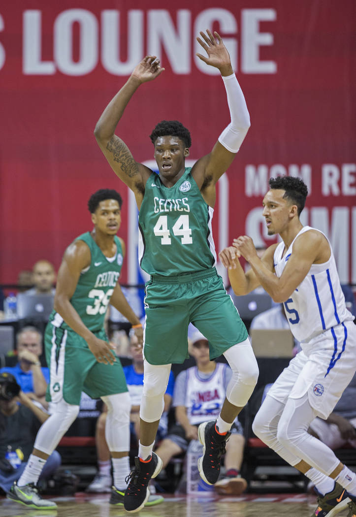 Celtics center Robert Williams (44) plays defense during Boston's game with the Philadelphia 76ers during NBA Summer League on Friday, July 6, 2018, at the Thomas & Mack Center, in Las Vegas. ...