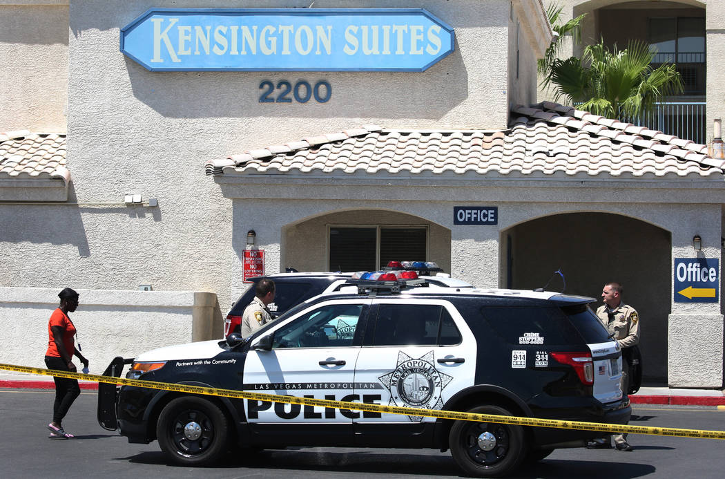 Las Vegas police are at the scene of an officer-involved shooting at Kensington Suites in the 2200 block of West Bonanza Road, Monday, Aug. 6, 2018. It's the third officer-involved shooting involv ...