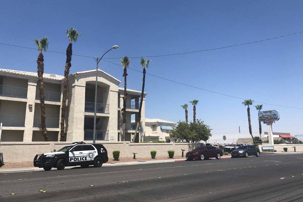 Las Vegas police are at the scene of an officer-involved shooting at Kensington Suites in the 2200 block of West Bonanza Road, Monday, Aug. 6, 2018. It's the third officer-involved shooting involv ...