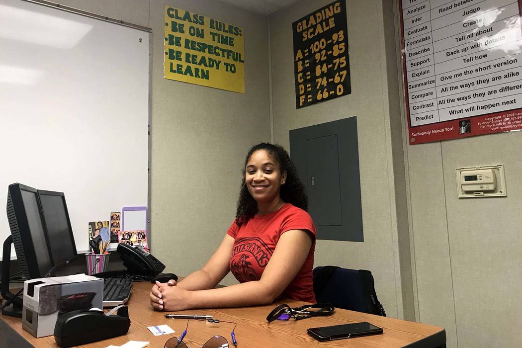 Shana Middleton, an eighth-grade social studies teacher at West Prep Academy, prepares for her first year in the Clark County School District in her classroom at the academy, Thursday, Aug. 9, 201 ...