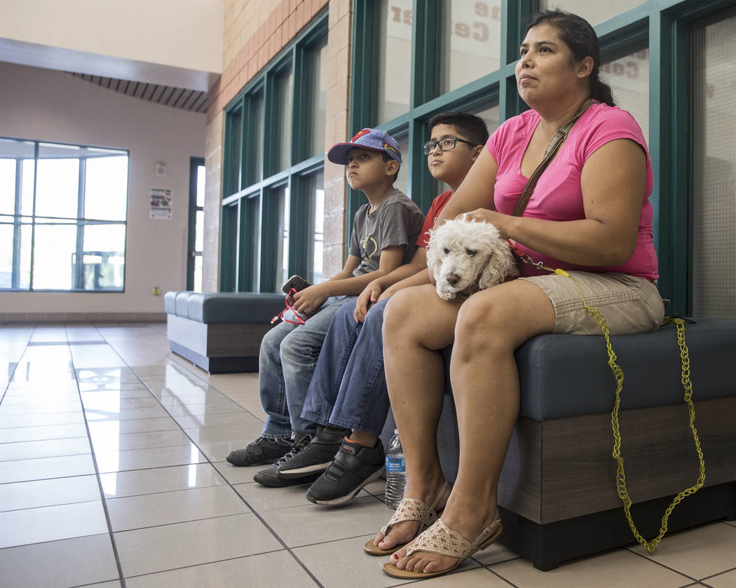 Claudia Aldana, right, sons Abner, 10, and Xair, 8, and dog Buckles keep cool at the Pearson Community Center on Sunday, Aug., 12, 2018, in Las Vegas. The center is one of a group of locations thr ...