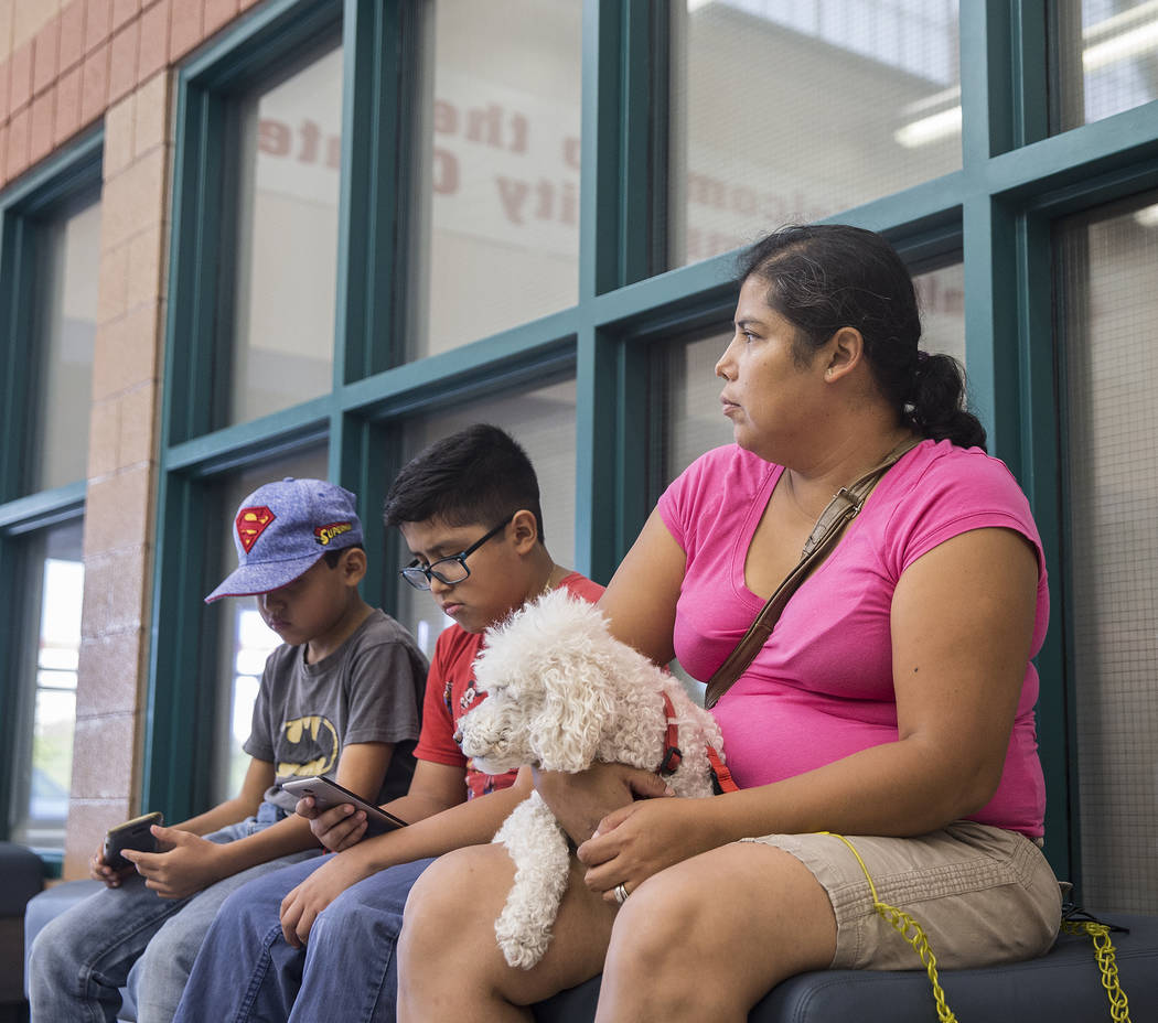 Claudia Aldana, right, sons Abner, 10, and Xair, 8, and dog Buckles keep cool at the Pearson Community Center on Sunday, Aug., 12, 2018, in Las Vegas. The center is one of a group of locations thr ...