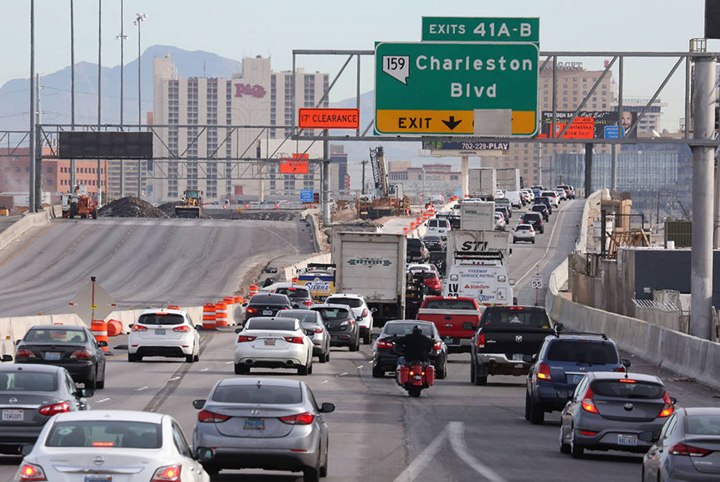 Traffic backs up in the northbound lanes of Interstate 15, near the Charleston Boulevard exit in Las Vegas on Tuesday, March 13, 2018, during the Project Neon expansion. (Bizuayehu Tesfaye/Las Veg ...