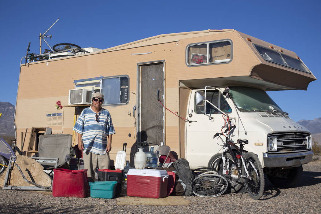 Homeless resident Timothy Persson, 60, poses for a photograph outside of his trailer located on ...