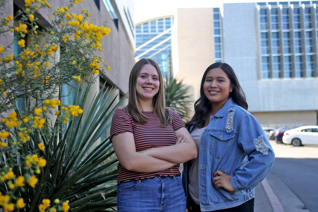 Makenzi Solis, left, and Jessica Gonzales at UNLV in Las Vegas, Thursday, Sept. 27, 2018. Both women are fellows for the Nevada Institute on Teaching and Educator Preparation's new program called ...