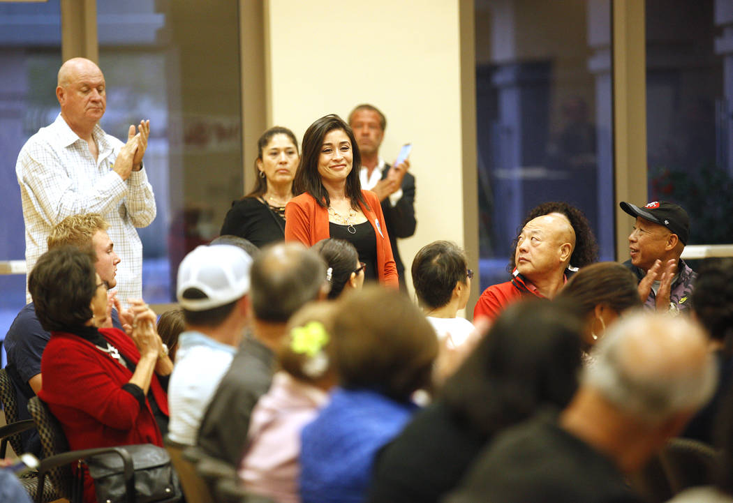 Tiffany Jones, Republican candidate for Senate District 9, stands to applause at Education Matters, a forum to discuss K-12 issues and school choice, at the East Las Vegas Community Center in Las ...