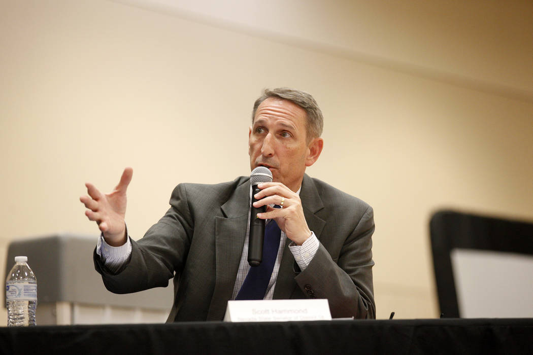 Nevada Sen. Scott Hammond moderates Education Matters, a forum to discuss K-12 issues and school choice, at the East Las Vegas Community Center in Las Vegas, Tuesday, Oct. 16, 2018. The event was ...