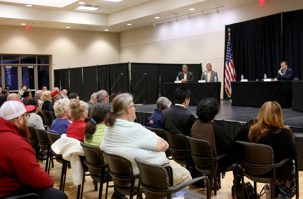 Republican candidates for office Danny Tarkanian, from left, Cresent Hardy, and Adam Laxalt speak at Education Matters, a forum to discuss K-12 issues and school choice, at the East Las Vegas Comm ...