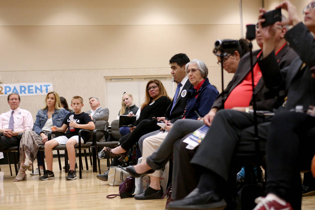 Attendees listen to Republican candidates speak at Education Matters, a forum to discuss K-12 issues and school choice, at the East Las Vegas Community Center in Las Vegas, Tuesday, Oct. 16, 2018. ...