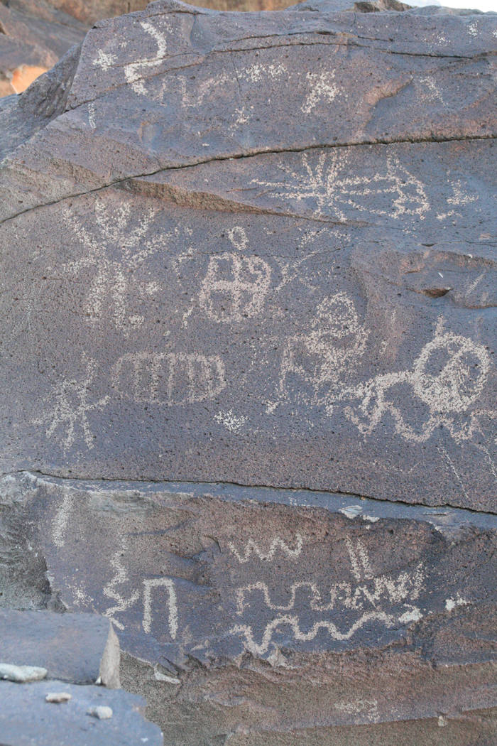 Many of the petroglyph panels in Grapevine Canyon feature abstract designs and symbols while others depict recognizable figures like bighorn sheep. (Deborah Wall)