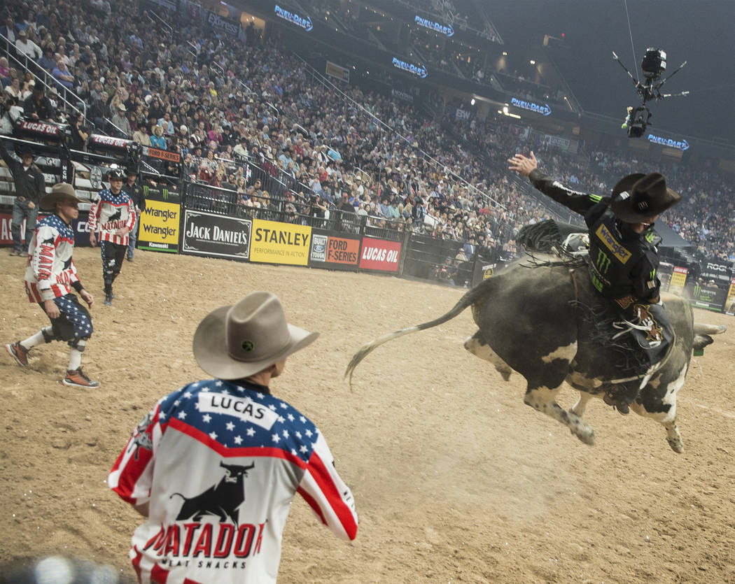 Guilherme Marchi rides "Roman" during the Professional Bull Riders World Finals on Thursday, November 8, 2018, at T-Mobile Arena, in Las Vegas. Benjamin Hager Las Vegas Review-Journal