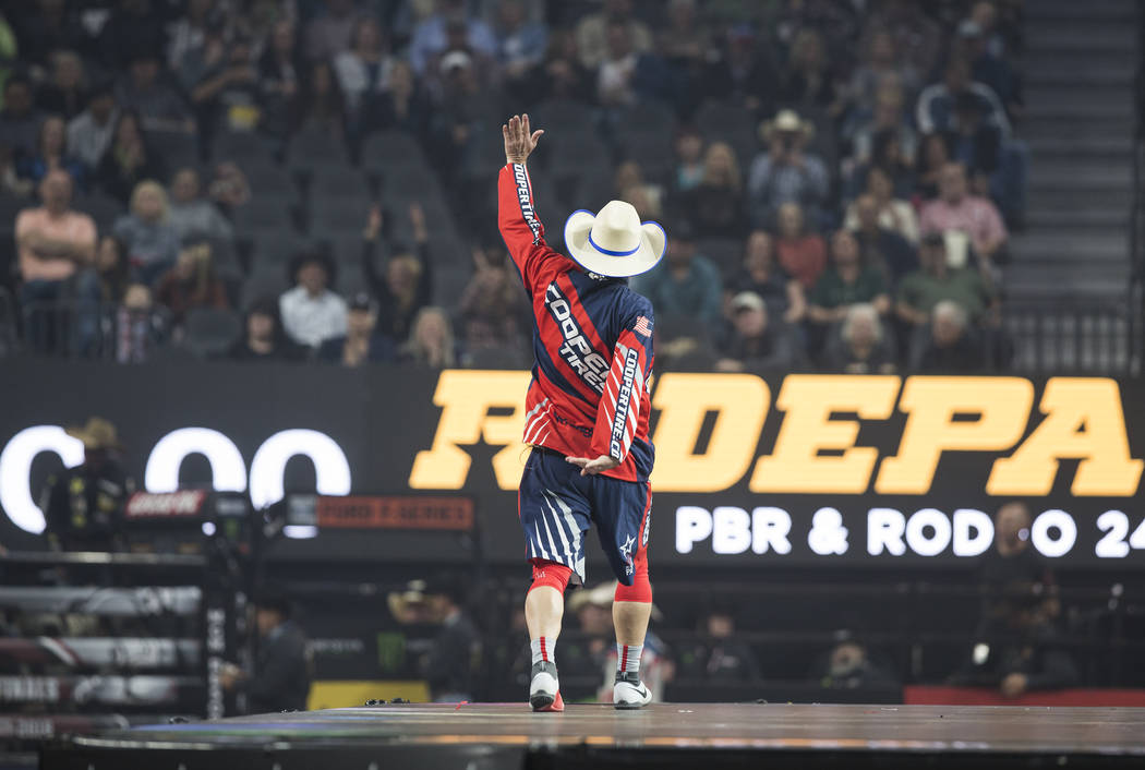 Rodeo clown Flint Rassmusen entertains the crowd during the Professional Bull Riders World Finals on Thursday, November 8, 2018, at T-Mobile Arena, in Las Vegas. Benjamin Hager Las Vegas Review-Jo ...