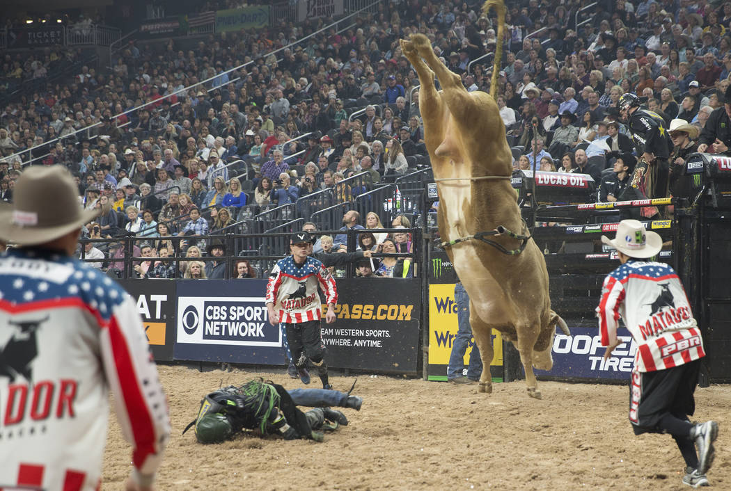 Chase Outlaw hits the ground hard after getting bucked off of "Big Kahuna" during the Professional Bull Riders World Finals on Thursday, November 8, 2018, at T-Mobile Arena, in Las Vegas ...