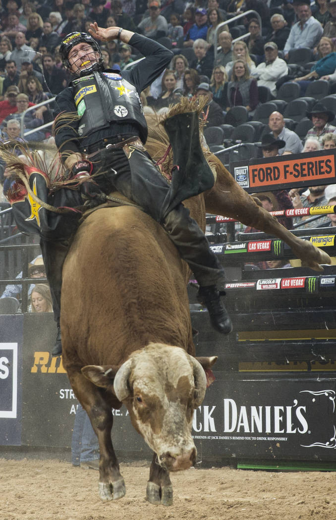 Sean Willingham rides "High Chaparral" during the Professional Bull Riders World Finals on Thursday, November 8, 2018, at T-Mobile Arena, in Las Vegas. Benjamin Hager Las Vegas Review-Jo ...