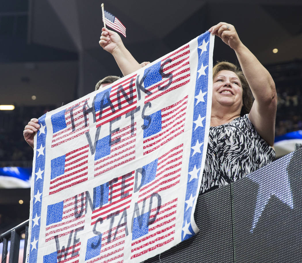 A fan holds a sign thanking veterans during the Professional Bull Riders World Finals on Sunday, November 11, 2018, at T-Mobile Arena, in Las Vegas. Benjamin Hager Las Vegas Review-Journal