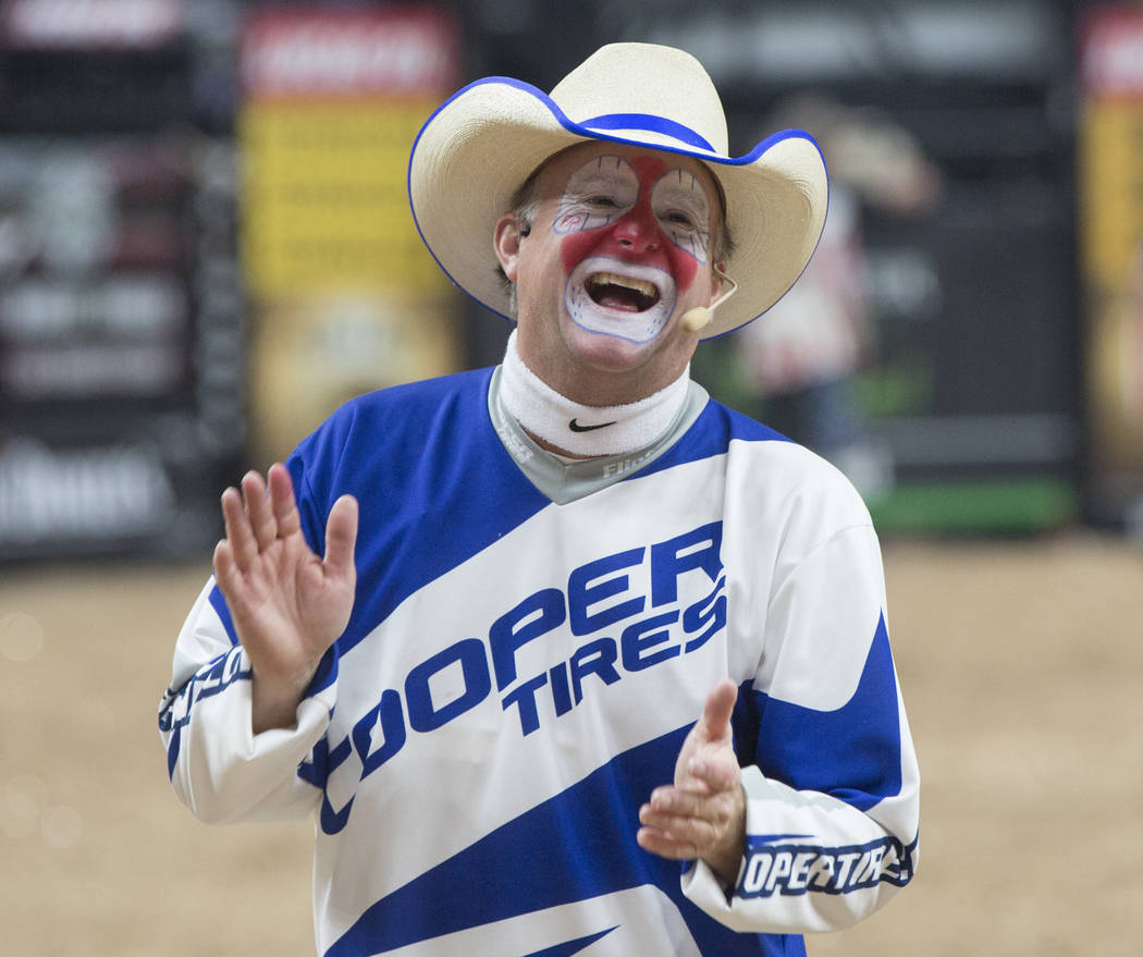 Rodeo clown Flint Rassmusen entertains the crowd during the Professional Bull Riders World Finals on Sunday, November 11, 2018, at T-Mobile Arena, in Las Vegas. Benjamin Hager Las Vegas Review-Journal
