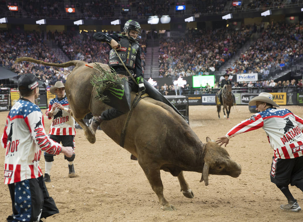 Derek Kolbaba rides "Cochise" during the Professional Bull Riders World Finals on Sunday, November 11, 2018, at T-Mobile Arena, in Las Vegas. Benjamin Hager Las Vegas Review-Journal