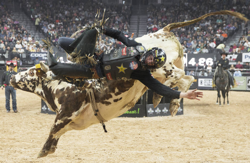 Cody Teel rides "M.A.G.A." during the Professional Bull Riders World Finals on Sunday, November 11, 2018, at T-Mobile Arena, in Las Vegas. Benjamin Hager Las Vegas Review-Journal