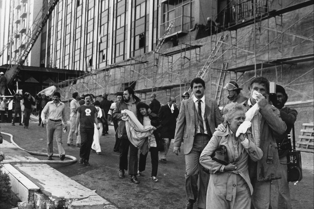 Guests are evacuated during the November 21, 1980 MGM Grand Hotel Fire. The early morning fire ...