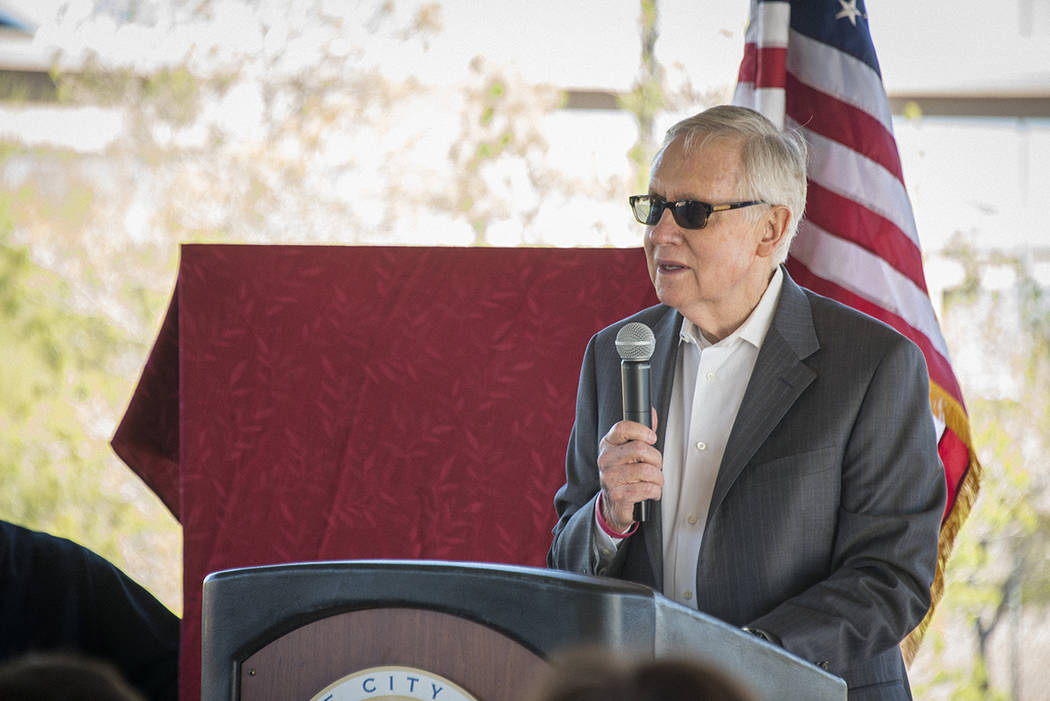 Sen. Harry Reid talks about his connection to the city of Henderson at a ceremony Feb. 22 at Acacia Demonstration Gardens. (Courtesy)