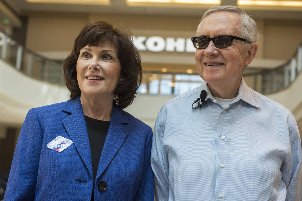 Jacky Rosen and U.S. Senator Harry Reid, D-Nev., speak to the media after voting at the Galleria Mall at Sunset in Henderson, Nev., on Thursday, June 2, 2016. (Martin S. Fuentes/Las Vegas Review-J ...