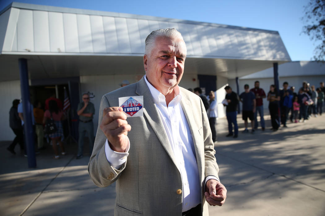 Steve Sisolak shows his "I Voted" sticker at Kenny Guinn Middle School in Las Vegas, Tuesday, Nov. 6, 2018. Erik Verduzco Las Vegas Review-Journal @Erik_Verduzco