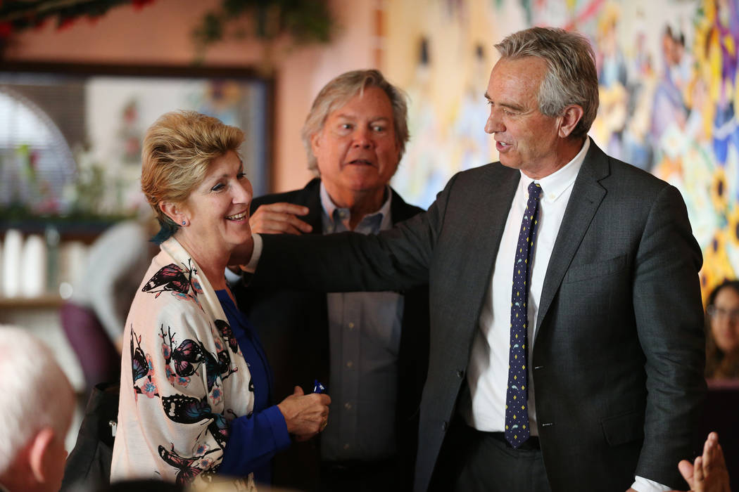 Clark County Commissioner Chris Giunchigliani, from left, Nevada Senator Tick Segerblom, and Bobby Kennedy Jr., Waterkeeper Alliance president, during a kick-off event for the Las Vegas affiliate ...