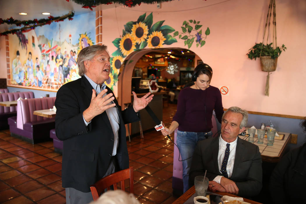 Nevada Senator Tick Segerblom, left, speaks during a kick-off event for the Las Vegas affiliate chapter of the Colorado Riverkeeper, at Doña Maria Tamales restaurant in Las Vegas, Tuesday, No ...