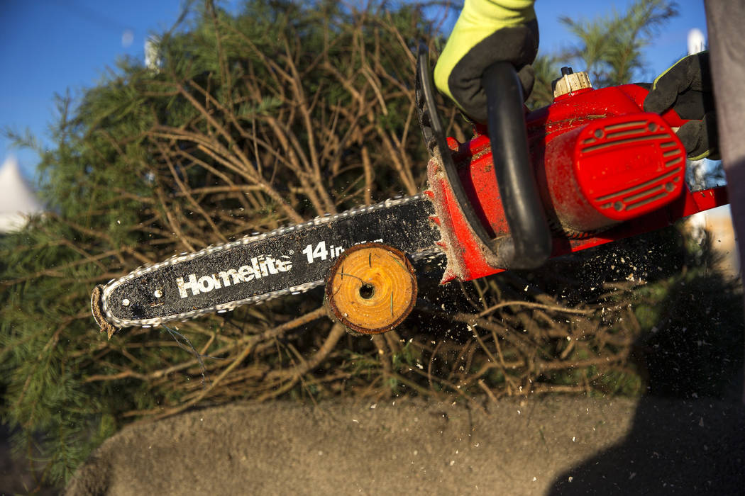 Mike Flores cleans up a tree stem in preparation for a sale at Rudolph's Christmas Trees locate ...