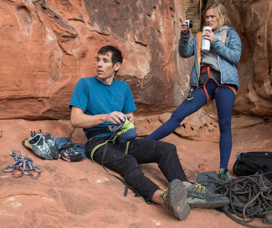 Alex Honnold, left, and girlfriend Cassandra “Sanni” McCandless prepare to climb at The Gal ...