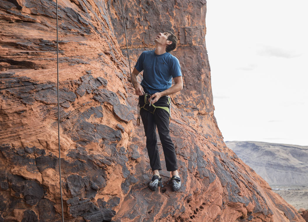 Alex Honnold prepares to climb at The Gallery at Red Rock Canyon on Monday, Dec. 17, 2018, in L ...