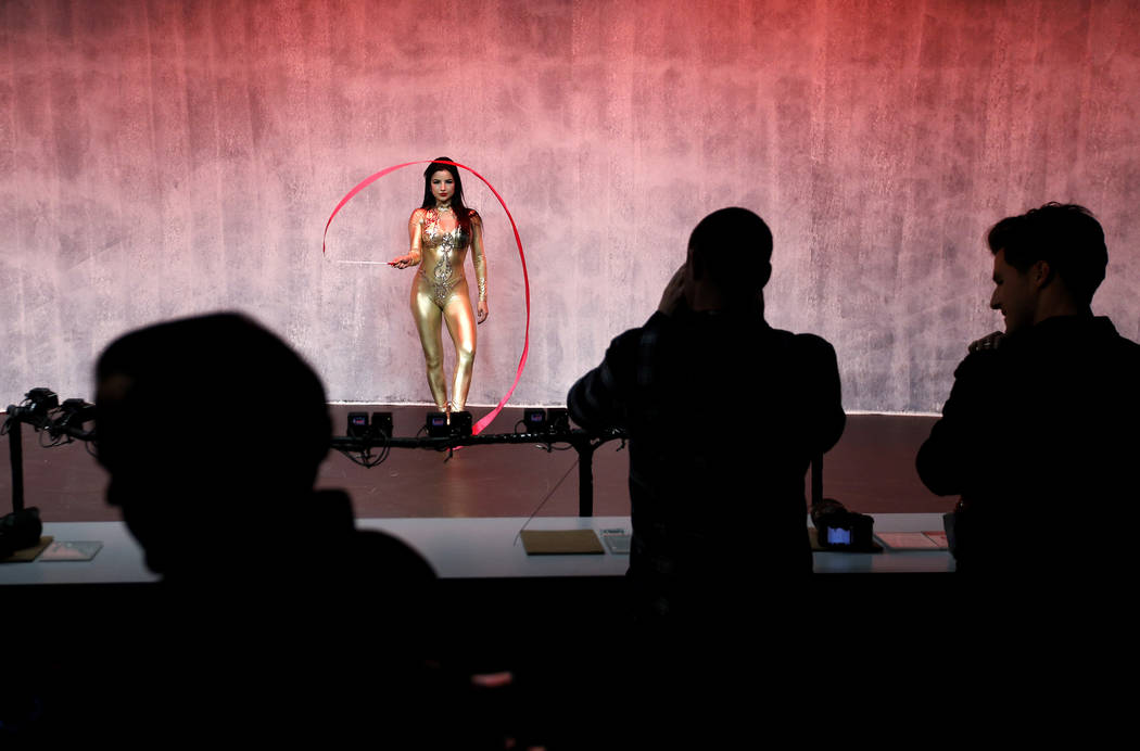 A model performs at a display for Sony cameras after a Sony news conference at CES International in Las Vegas on Jan. 8, 2018. Critics have been on the case of one of the tech industry’s larges ...