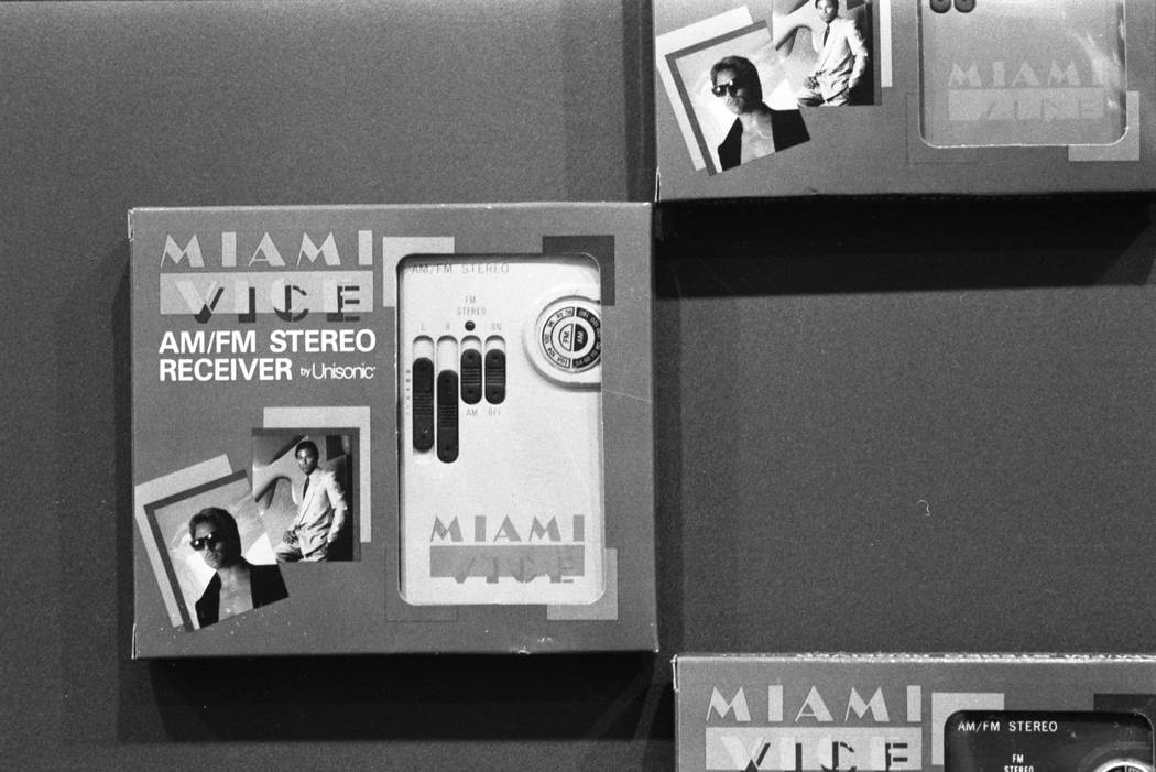 Portable AM/FM stereo receivers branded as "Miami Vice" merchandise are displayed at the 1987 CES show at the Las Vegas Convention Center. (Jim Laurie/Las Vegas Review-Journal)