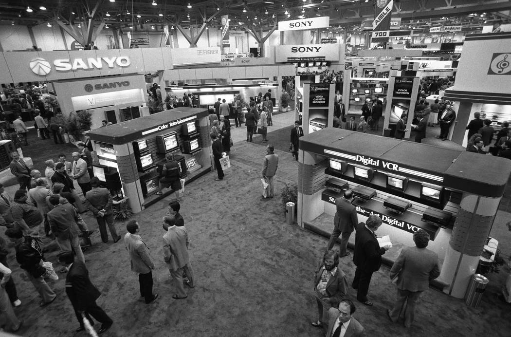 Sanyo and Sony are among the big names displaying their products at the 1987 CES show at the Las Vegas Convention Center. Other companies at the show included Casio, Lasonic, Gemini, Fuji, Gold St ...