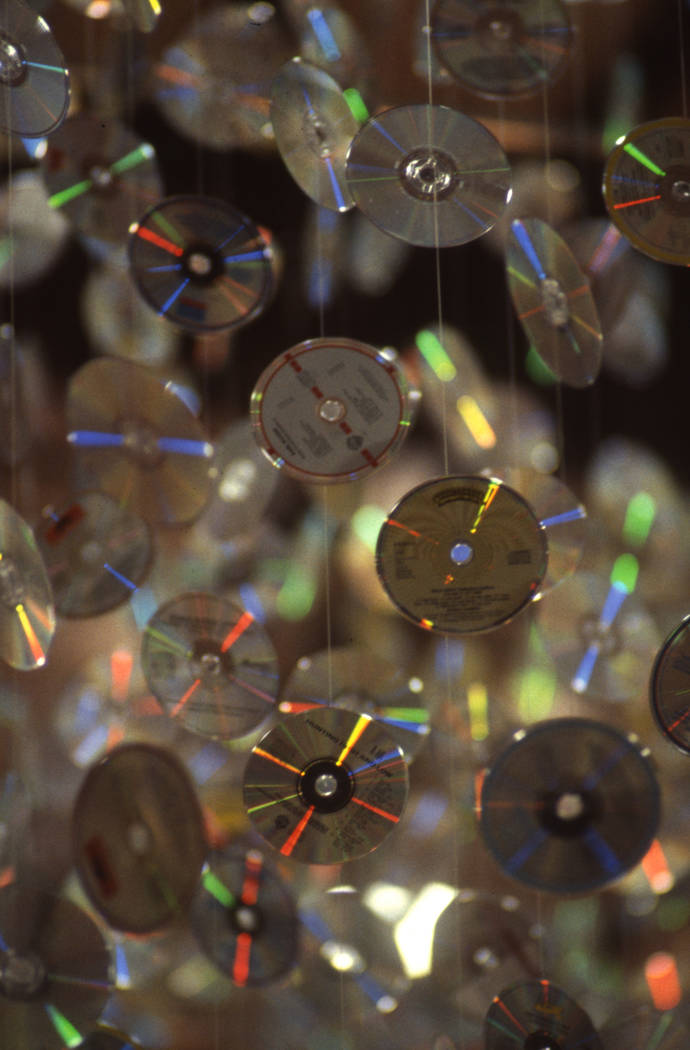A closer look at the hundreds of CDs hung from the ceiling at the 1987 Consumer Electronics Show at the Las Vegas Convention Center. (Jim Laurie/Las Vegas Review-Journal)