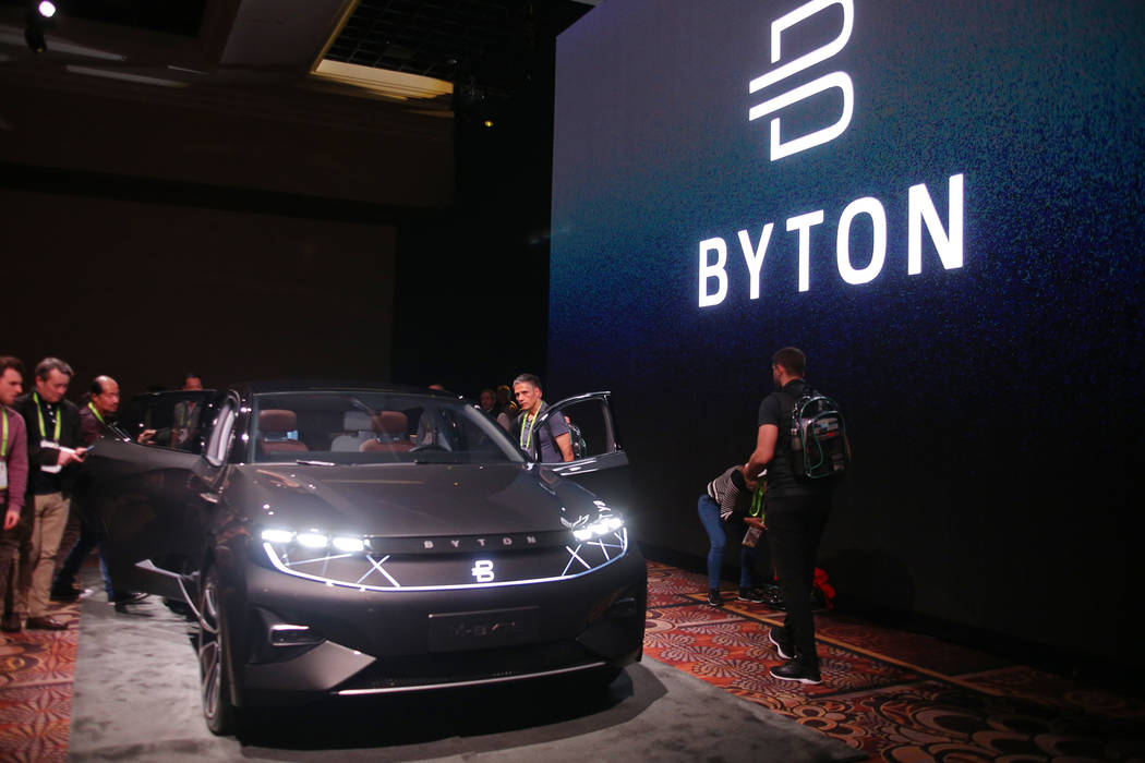 A Byton fully electric M-Byte SUV at a CES event for media prefacing the tech mega-conference at Mandalay Bay in Las Vegas, Sunday, Jan. 6, 2019. Rachel Aston Las Vegas Review-Journal @rookie__rae