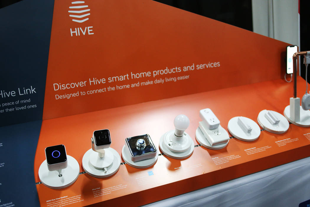 Different devices that are a part of the Hive product line at the CES Unveiled event for media prefacing the tech mega-conference at Mandalay Bay in Las Vegas, Sunday, Jan. 6, 2019. Different devi ...