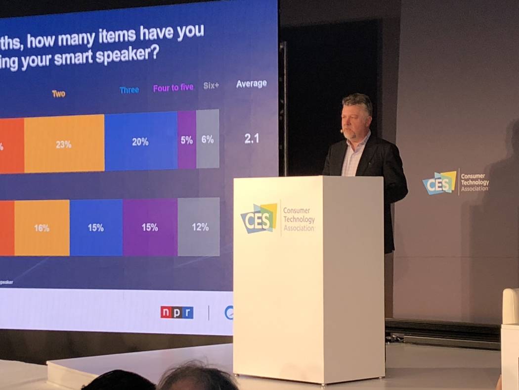 Tom Webster, senior vice president of Edison Research, discusses smart speakers at the Las Vegas Convention Center at CES 2019 on Monday, January 7.