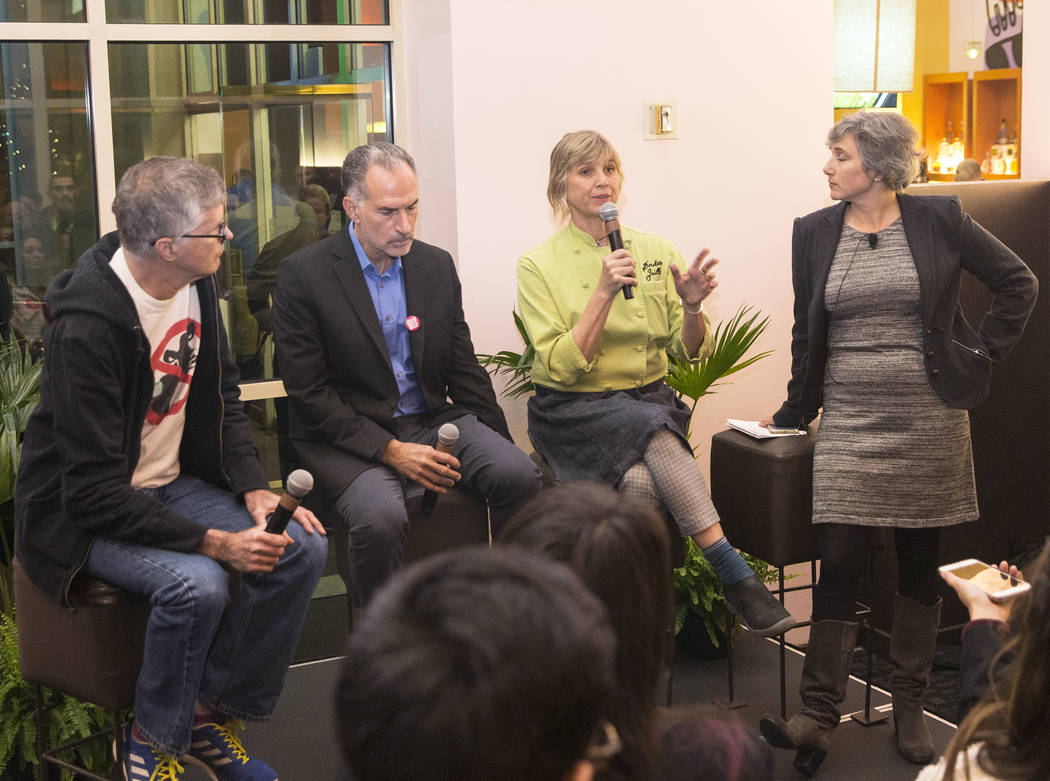Pat Brown, left, CEO and founder of Impossible Foods, David Lipman, chief science officer at Impossible Foods, Mary Sue Milliken, co-chef and owner of Border Grill and Rachel Konrad, chief communi ...