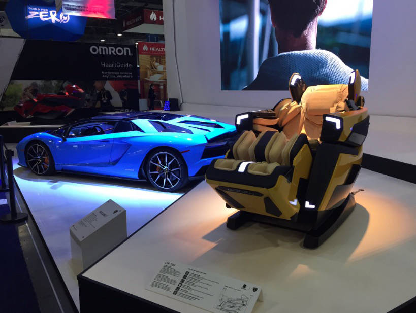 Body Friend USA's massage chair made for the Lamborghini Aventador at CES in Las Vegas on Tuesday, Jan. 8, 2019. (Chase Stevens/Las Vegas Review-Journal)