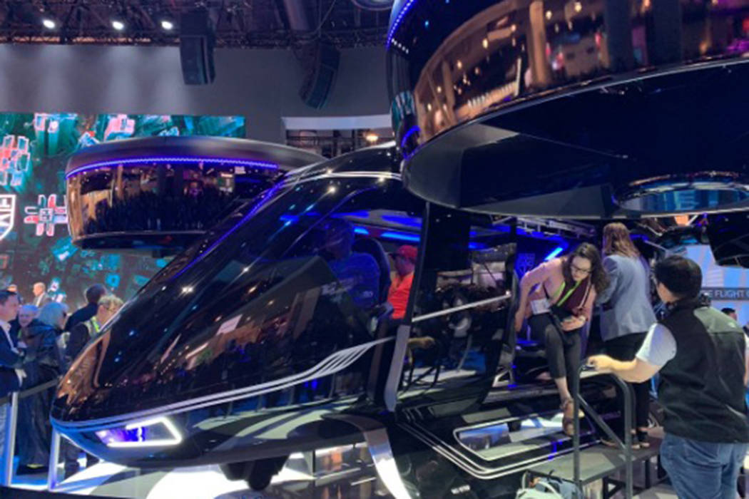 A model of Bell’s “flying taxi” that Uber plans to have in the air in LA, Dallas and an international city in 2020 for testing purposes and 2023 commercially at CES in Las Vegas on Tuesday, ...