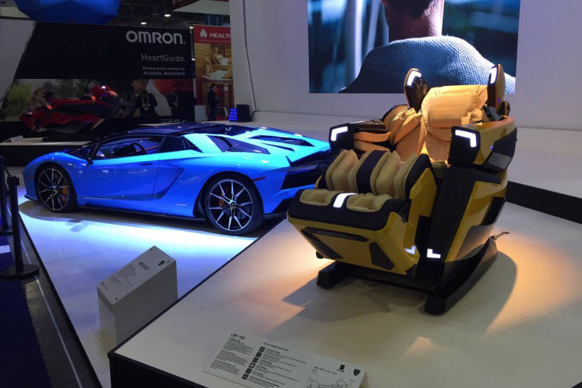 Body Friend USA's massage chair made for the Lamborghini Aventador at CES in Las Vegas on Tuesday, Jan. 8, 2019. (Chase Stevens/Las Vegas Review-Journal)