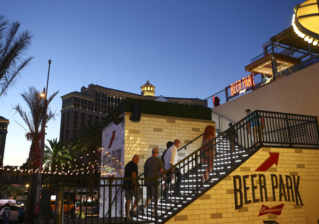 People make their way to Beer Park at the Paris hotel-casino in Las Vegas on Friday, Nov. 4, 2016. The hotel-casino experience a massive power outage on Thursday. Chase Stevens/Las Vegas Review-Jo ...