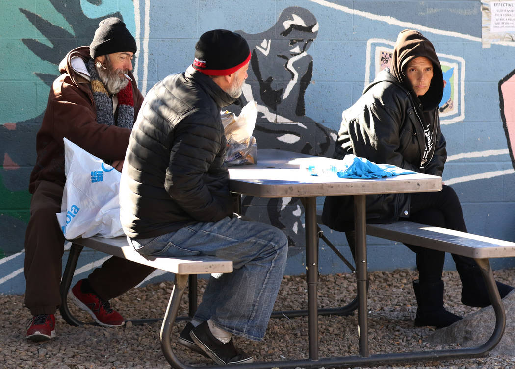 Clients relax at Las Vegas’ homeless courtyard on Tuesday, Jan. 22, 2019, in Las Ve ...