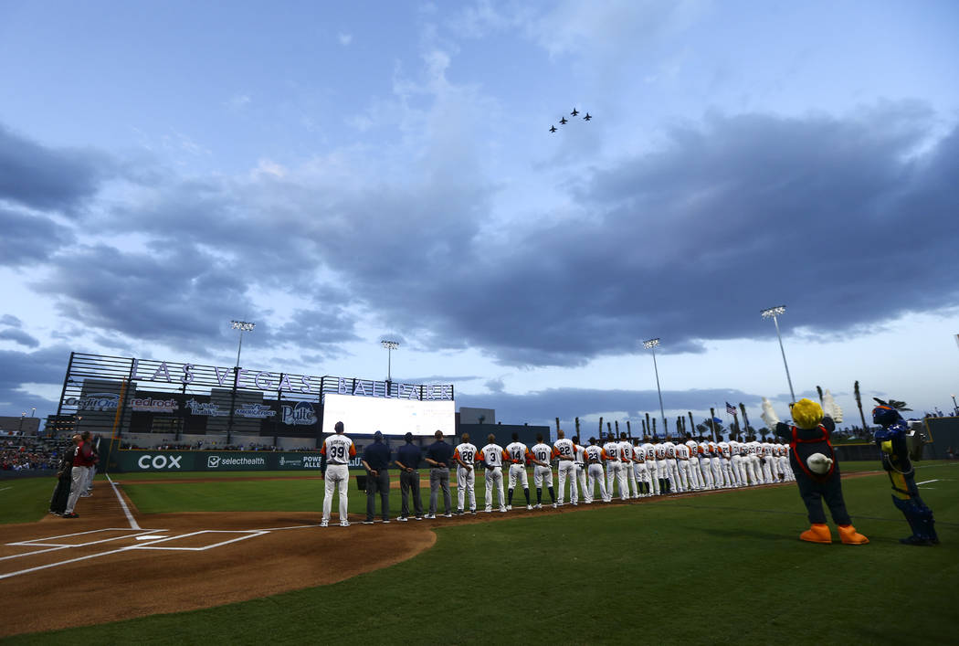 Nellis Air Force Base pilots fly over the field before the start of the Las Vegas Aviators' hom ...