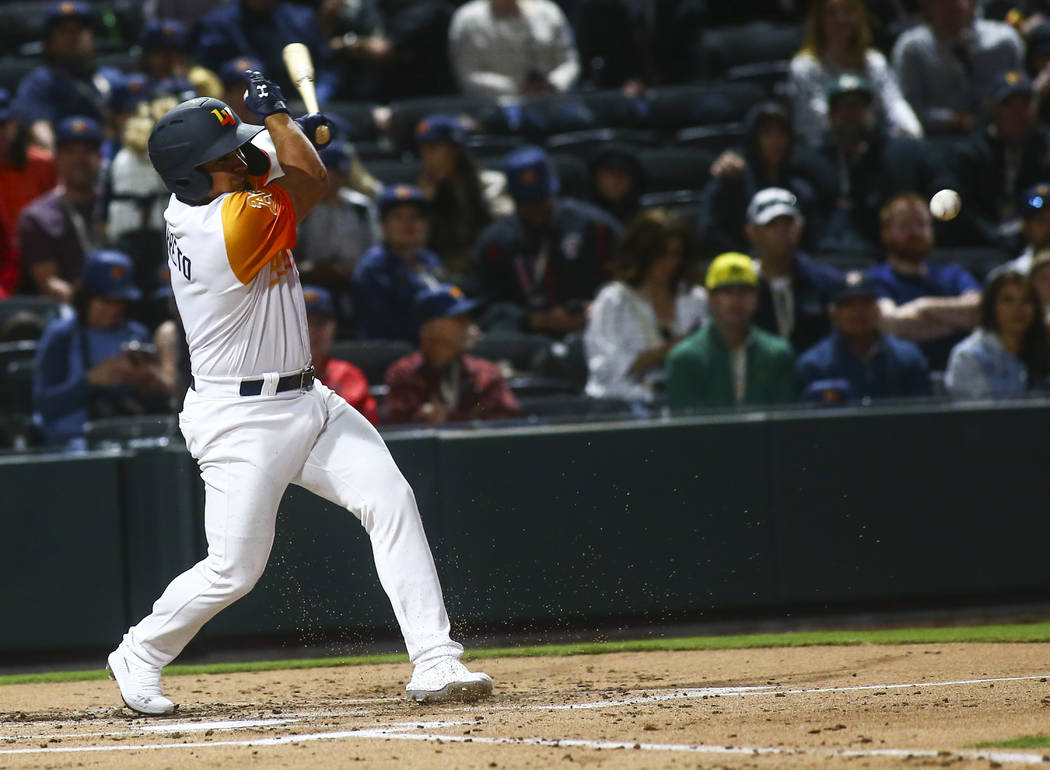 Las Vegas Aviators second baseman Franklin Barreto (1) hits against Sacramento River Cats durin ...