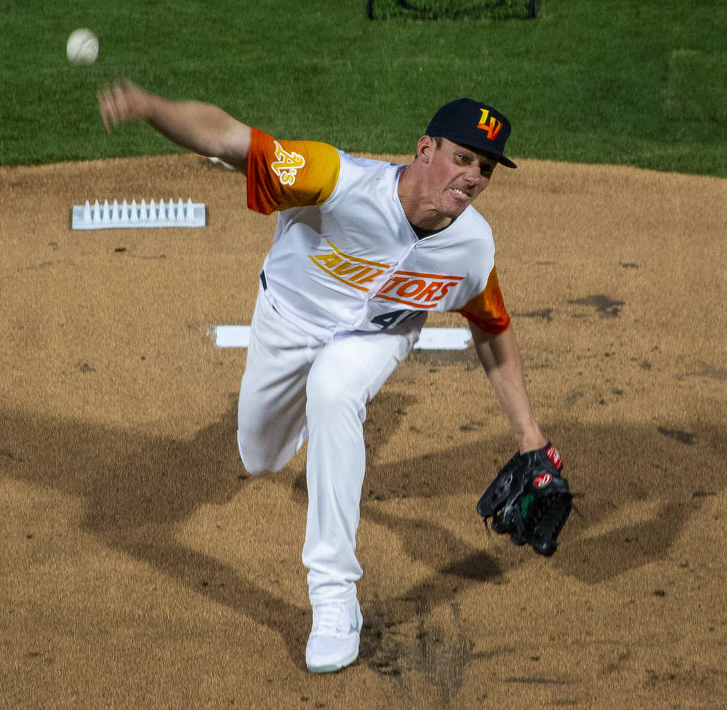 Las Vegas Aviators pitcher Chris Bassitt (40) throws the first pitch during the Las Vegas Aviat ...