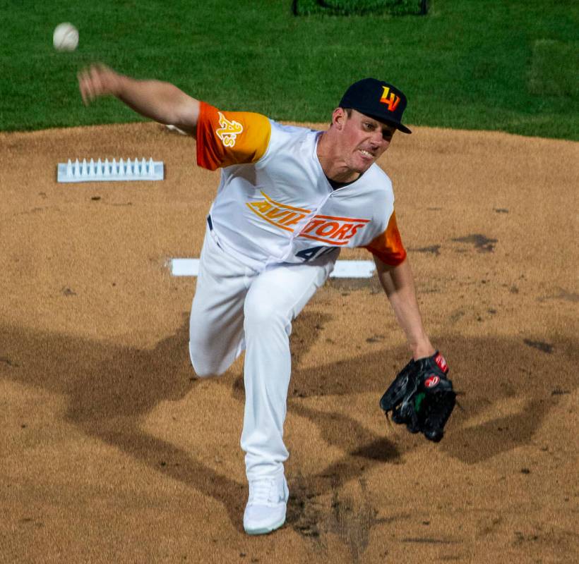 Las Vegas Aviators pitcher Chris Bassitt (40) throws the first pitch during the Las Vegas Aviat ...