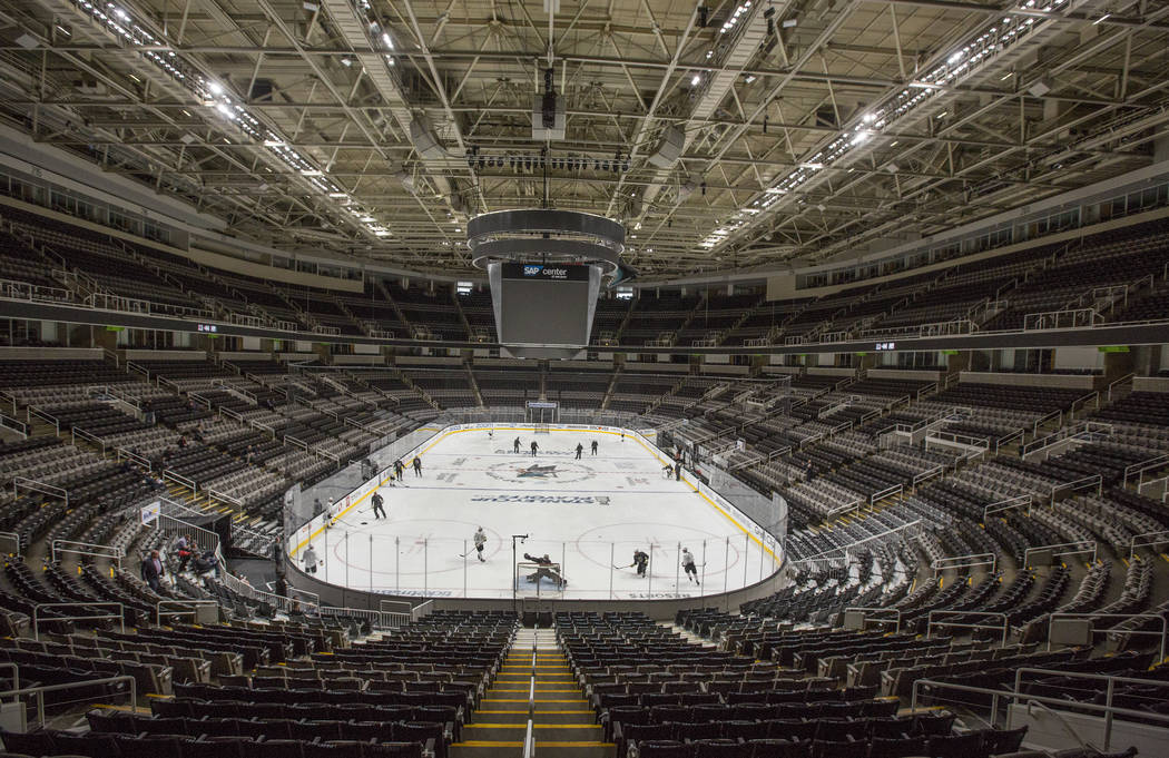 The Golden Knights work through drills during morning skate ahead of game one of the NHL Wester ...