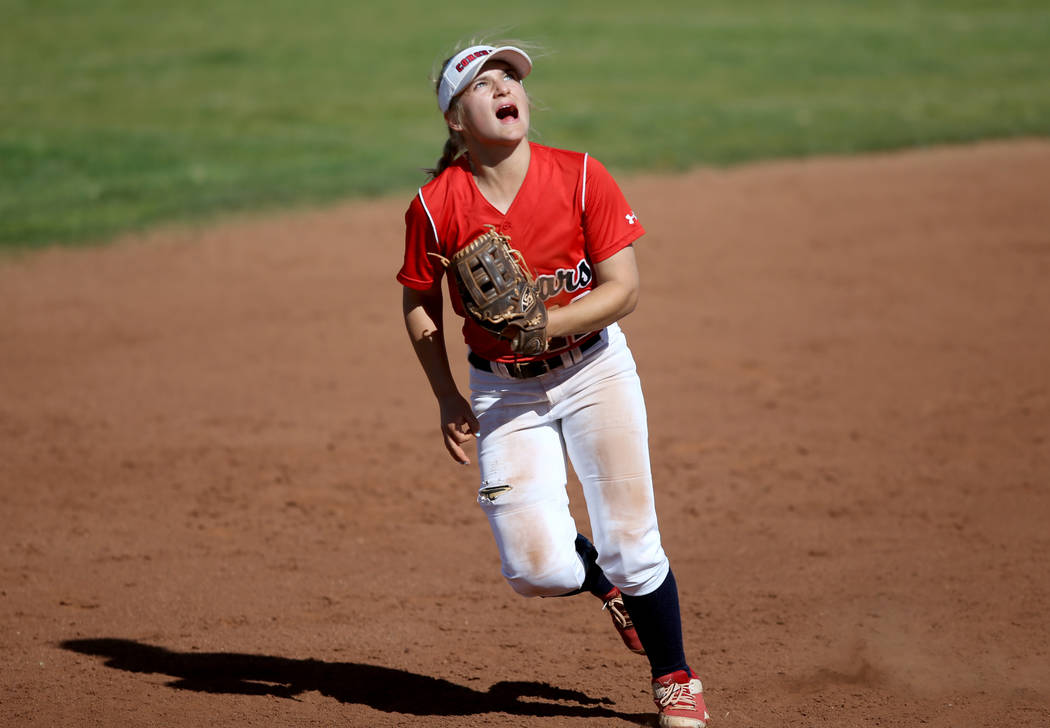 Coronado shortstop Paige Sinicki (12) eyes a fly ball during a softball game against Basic at C ...